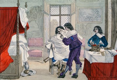 Interieur van een kapperszaak ten tijde van Lodewijk XIII uit 